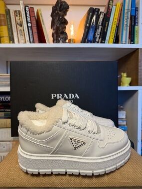 Prada Women’s White Platform Shearling-Trim Sneakers